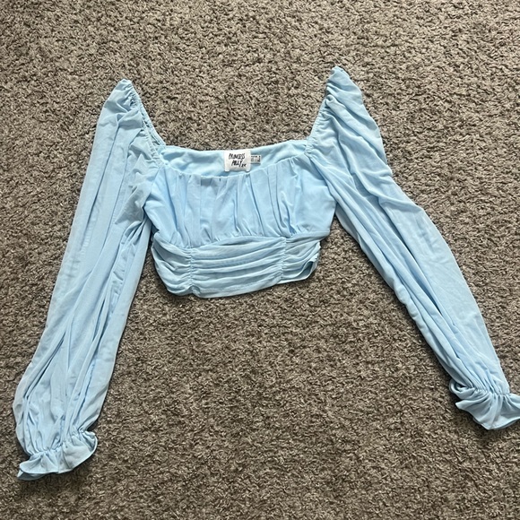Princess Polly - penny long sleeve sheer top ruched cropped light blue US 4 - Picture 1 of 3